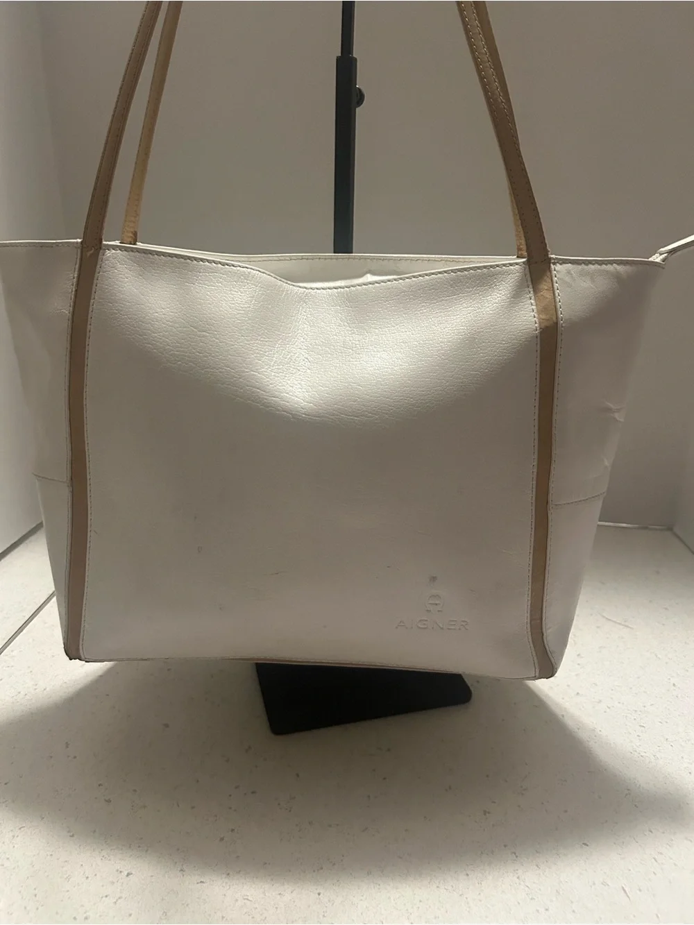 White Leather Etienne Aigner Tote with Tan Trim